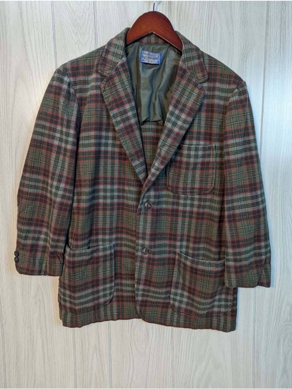 Pendleton Mens Vtg Pure Virgin Wool Plaid Blazer Sport Coat Green Red Size 38